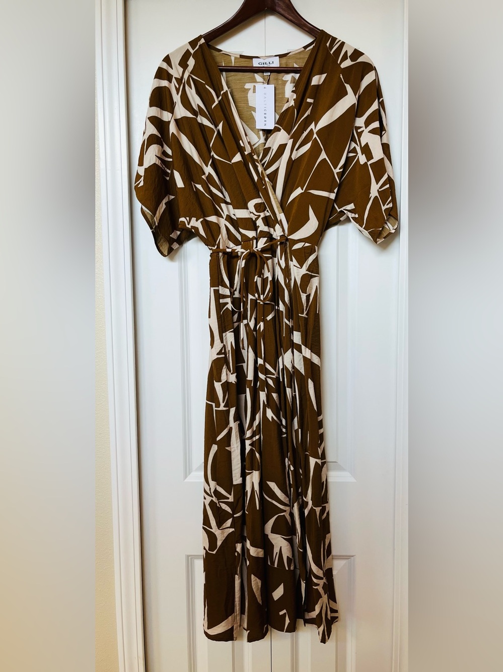Baltic Born women’s Brown and Cream Abstract faux Wrap Maxi Dress